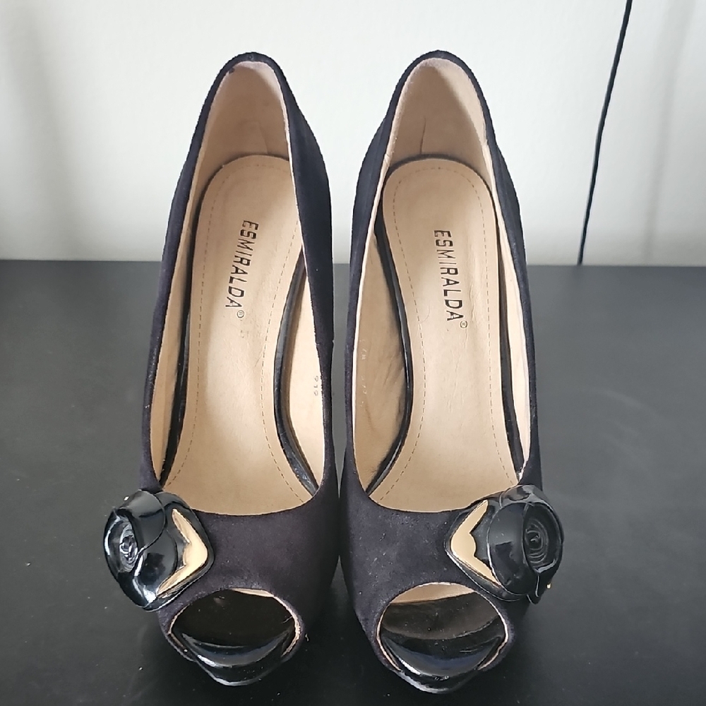 Black Peep-Toe Heels with Floral Accent